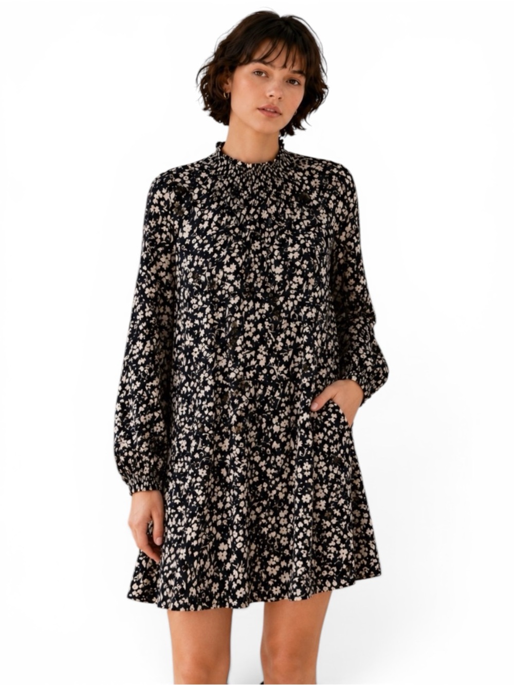 Comptoir des Cotonniers AGLAE Floral Smocked Dress Navy / Ivory FR 38 / US Small - Picture 2 of 9